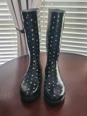 Western Chief Black Rain Boots with Multicolor Polka Dots